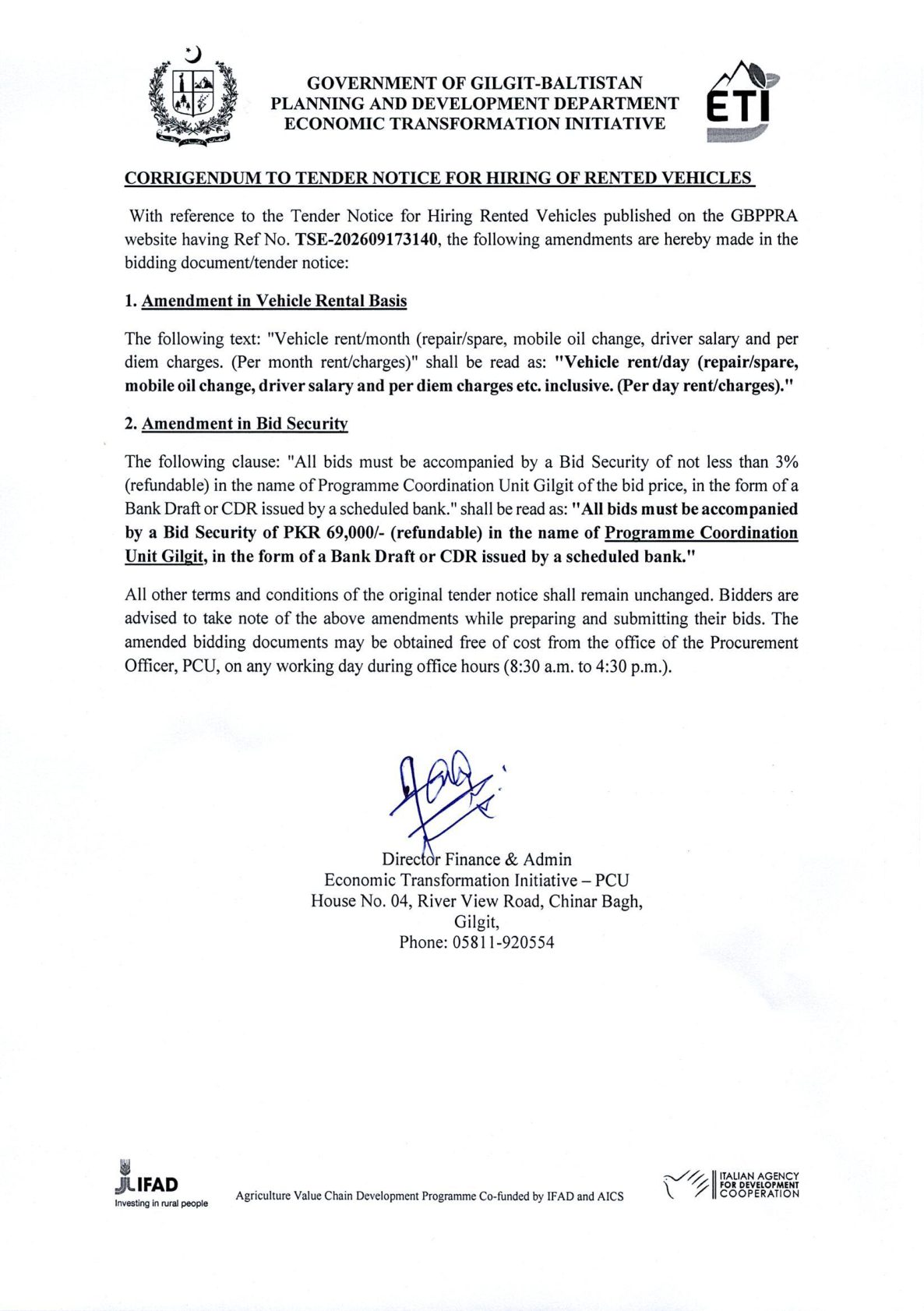 Corrigendum: Tender Notice for Hiring of Rented Vehicles