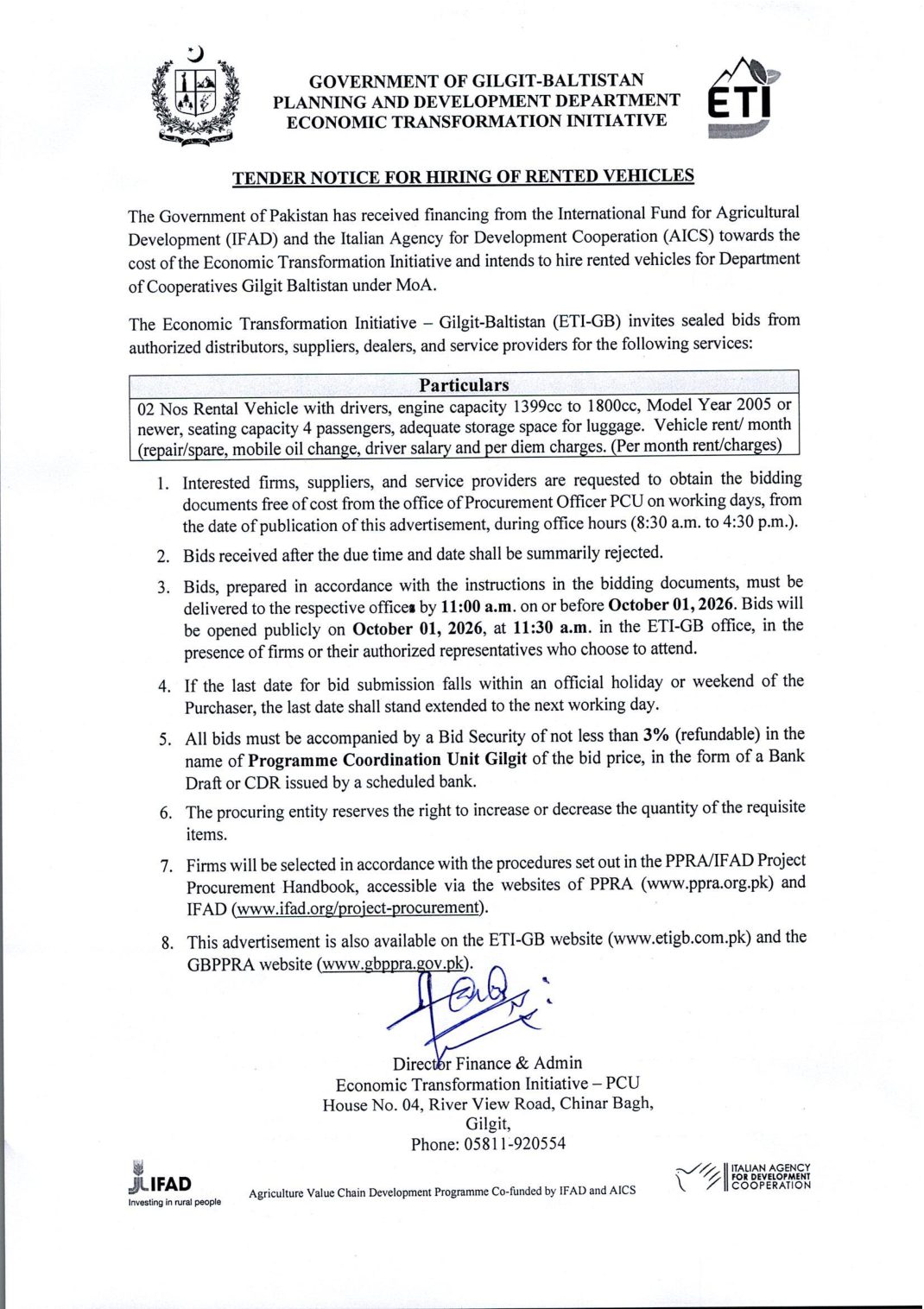Tender Notice for Hiring of Rented Vehicles