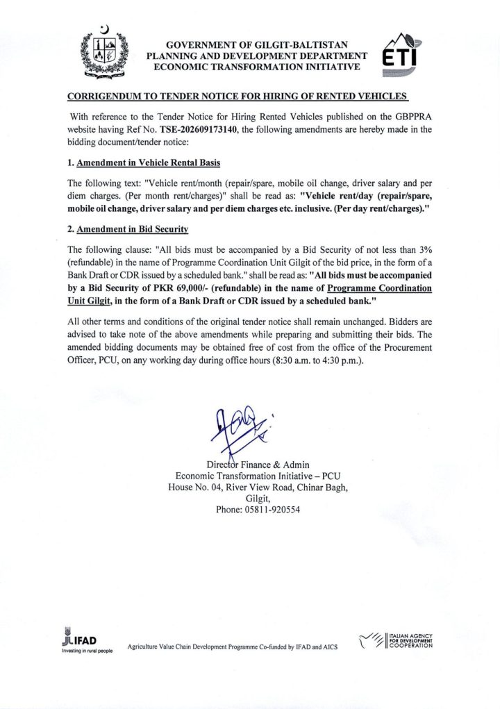 Corrigendum — Hiring of Rented Vehicles advertisement