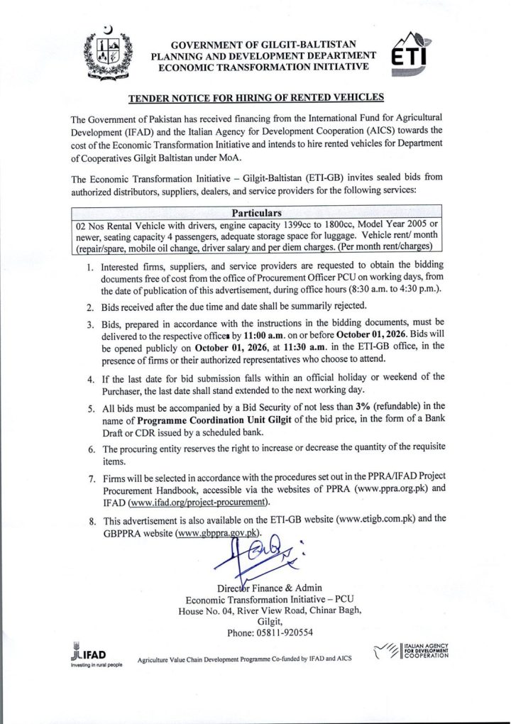 Tender Notice for Hiring of Rented Vehicles — advertisement